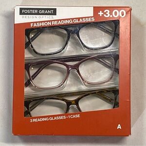Foster Grant +3.00 Fashion Reading Glasses 3 pairs 1 case NWB Black Mauve Brown